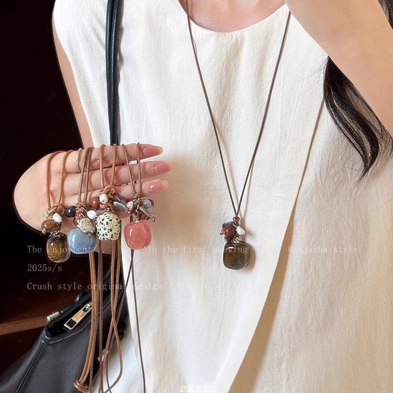 Vintage New Chinese Style Braided Cord Pearl & Natural Stone Pendant Long Necklace – Hand-Knot Sweater Chain for Women
