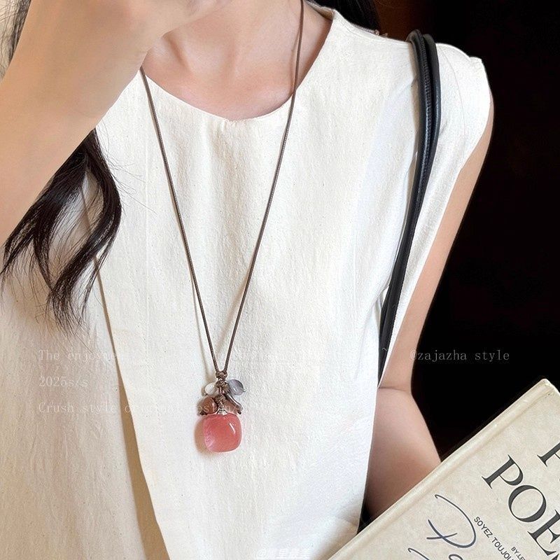 Vintage New Chinese Style Braided Cord Pearl & Natural Stone Pendant Long Necklace – Hand-Knot Sweater Chain for Women