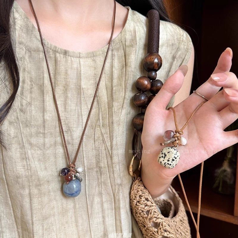 Vintage New Chinese Style Braided Cord Pearl & Natural Stone Pendant Long Necklace – Hand-Knot Sweater Chain for Women