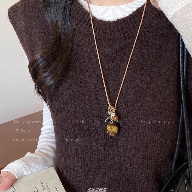 Vintage New Chinese Style Braided Cord Pearl & Natural Stone Pendant Long Necklace – Hand-Knot Sweater Chain for Women
