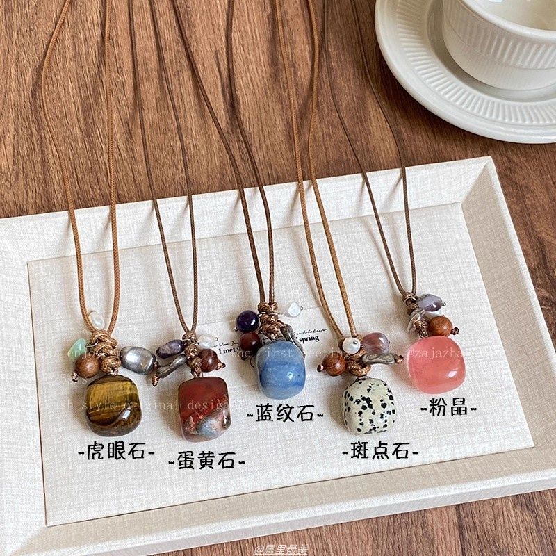 Vintage New Chinese Style Braided Cord Pearl & Natural Stone Pendant Long Necklace – Hand-Knot Sweater Chain for Women