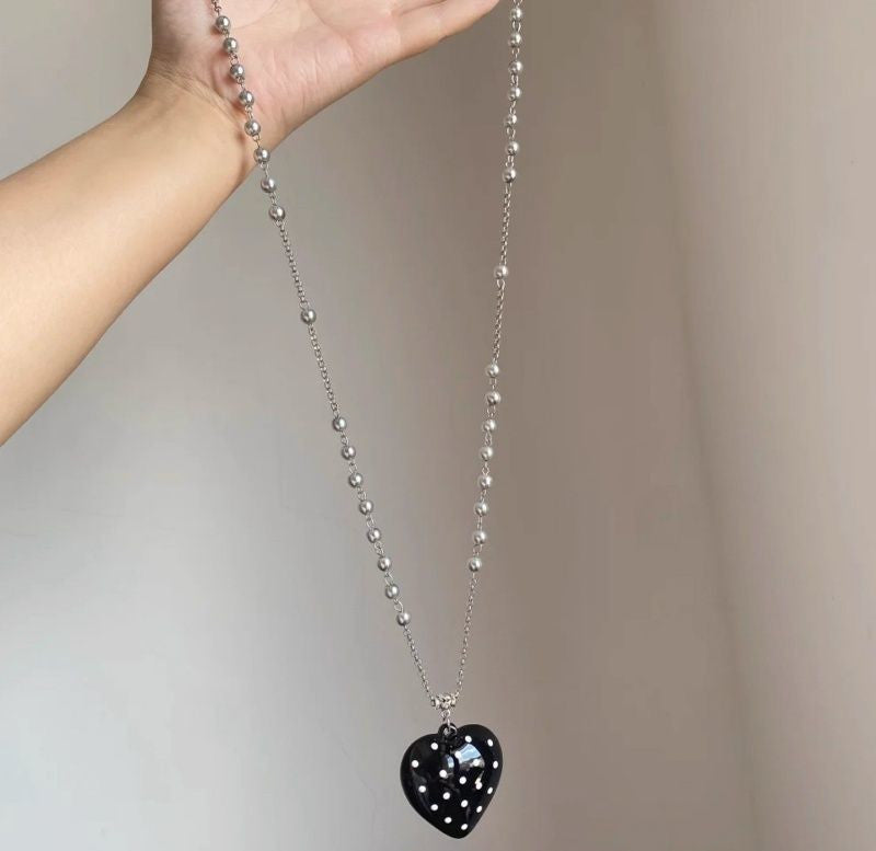 Korean Style Black Polka Dot Heart Pendant Long Necklace – Sweet Cool Beaded Sweater Chain