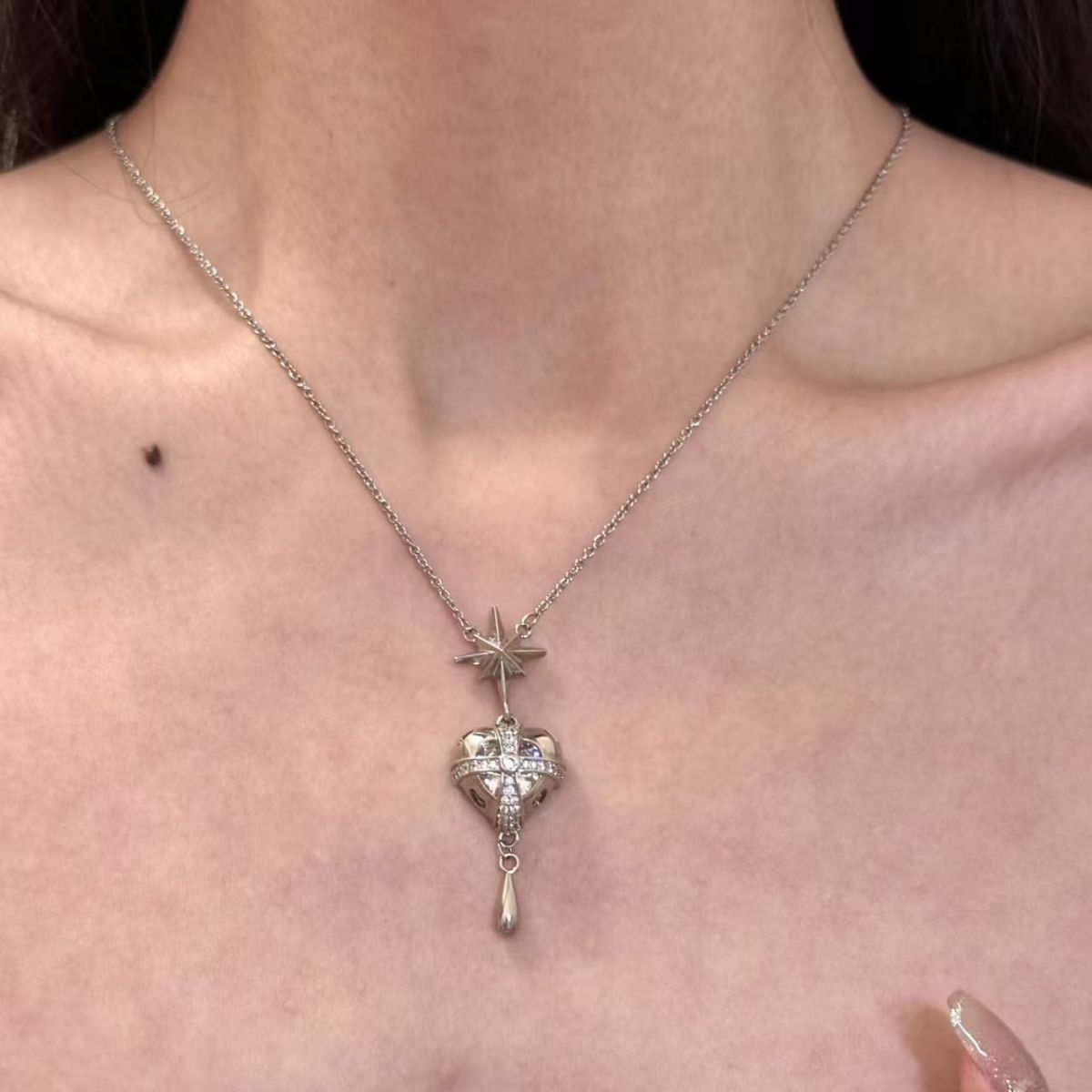 Celestial Starburst Heart & Teardrop Pendant Necklace