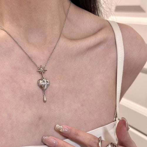 Celestial Starburst Heart & Teardrop Pendant Necklace