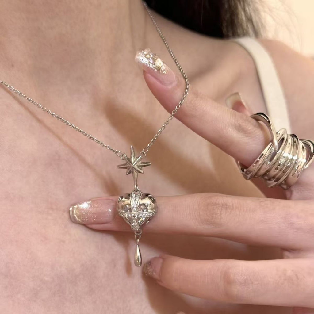Celestial Starburst Heart & Teardrop Pendant Necklace