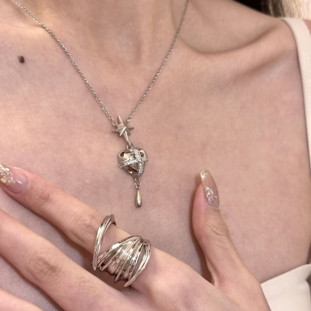 Celestial Starburst Heart & Teardrop Pendant Necklace