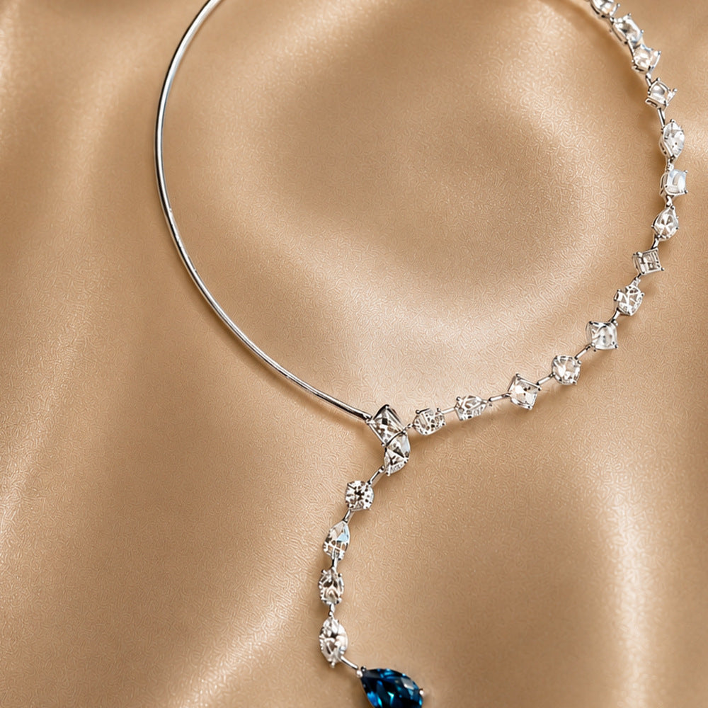 Crystal Ocean Blue Teardrop Y-Drop Choker Necklace