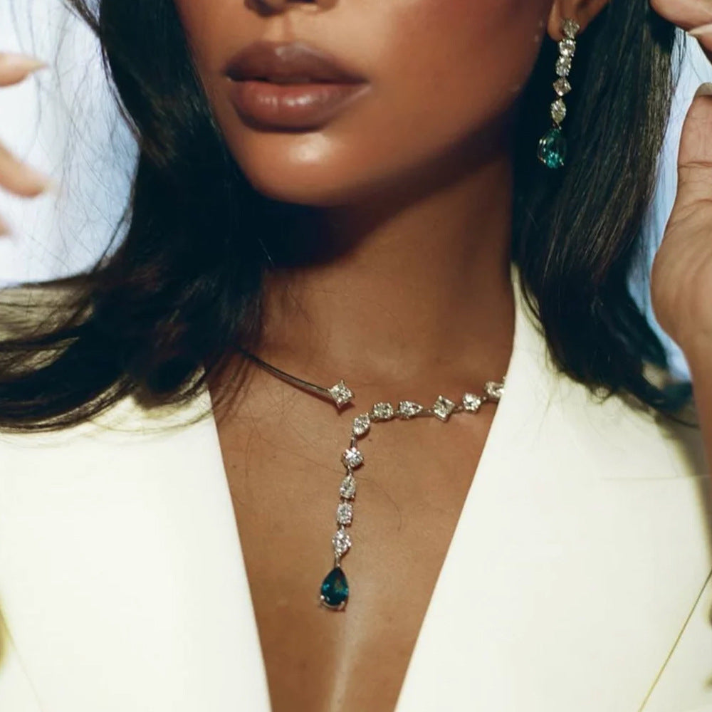 Crystal Ocean Blue Teardrop Y-Drop Choker Necklace