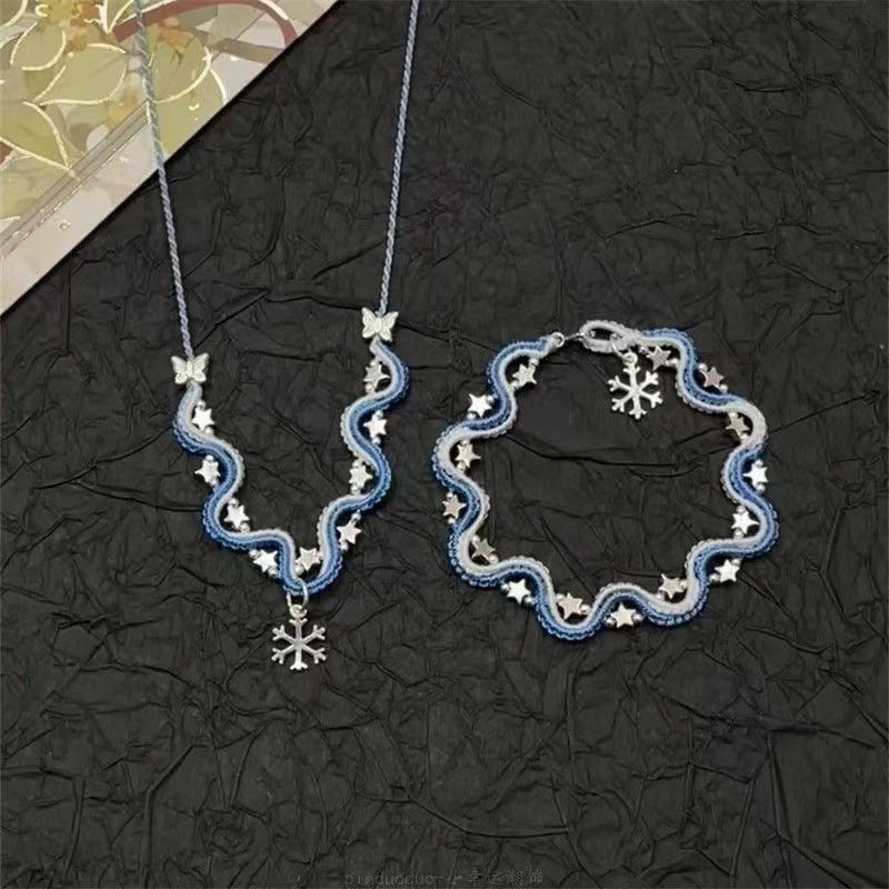 Neues chinesisches Retro gewebtes Wellen-Halsketten- & Armband-Set | S925 Silber