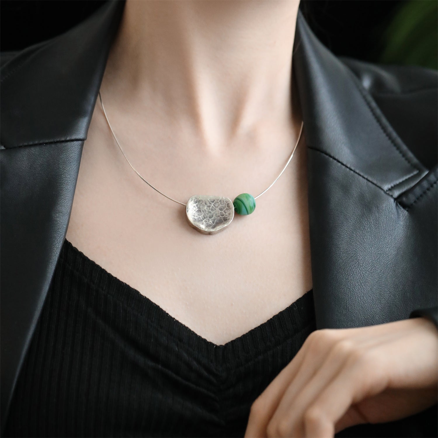 Handcrafted Lotus Leaf Pendant Necklace with Green Bead | S925 Silver