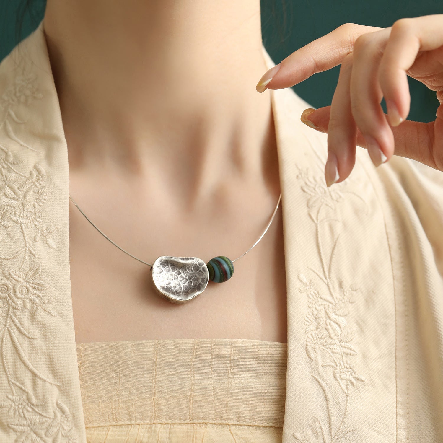 Handcrafted Lotus Leaf Pendant Necklace with Green Bead | S925 Silver