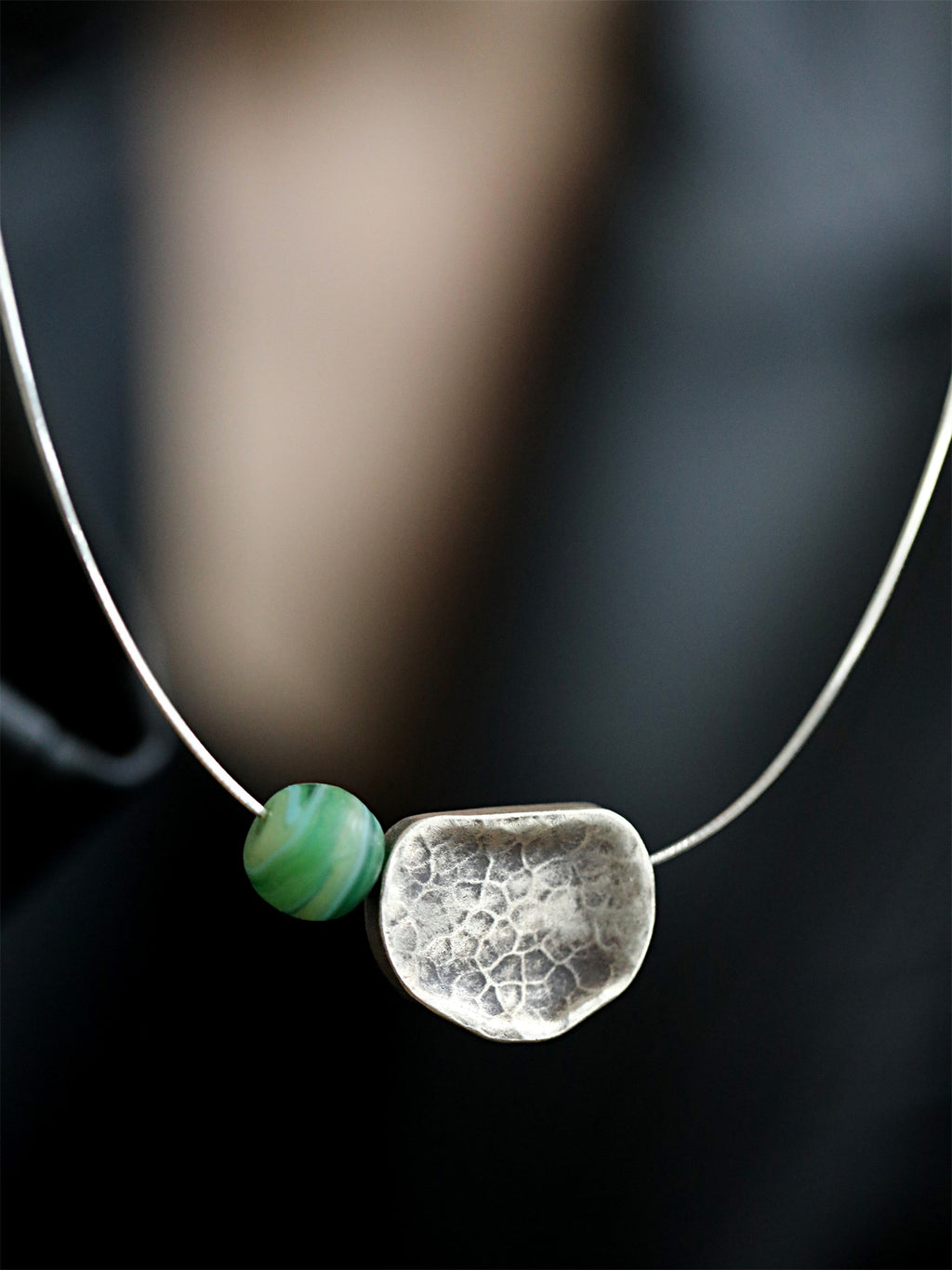 Handcrafted Lotus Leaf Pendant Necklace with Green Bead | S925 Silver