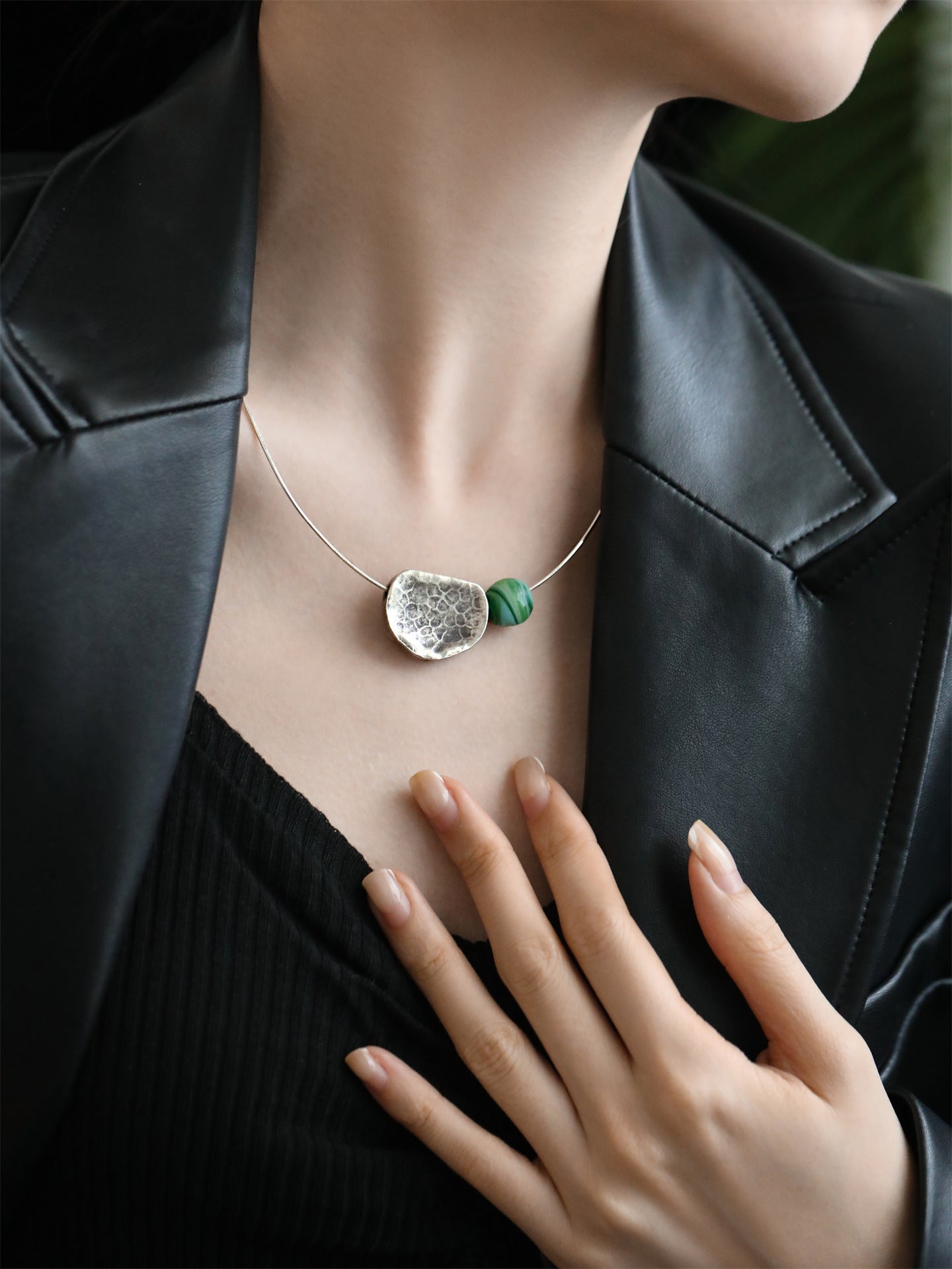 Handcrafted Lotus Leaf Pendant Necklace with Green Bead | S925 Silver