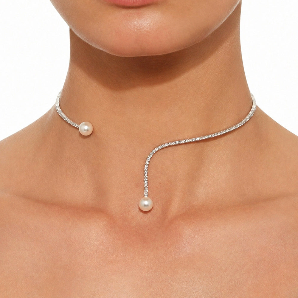 French Pearl Choker with Sparkly Rhinestone Accent | S925 Silver
