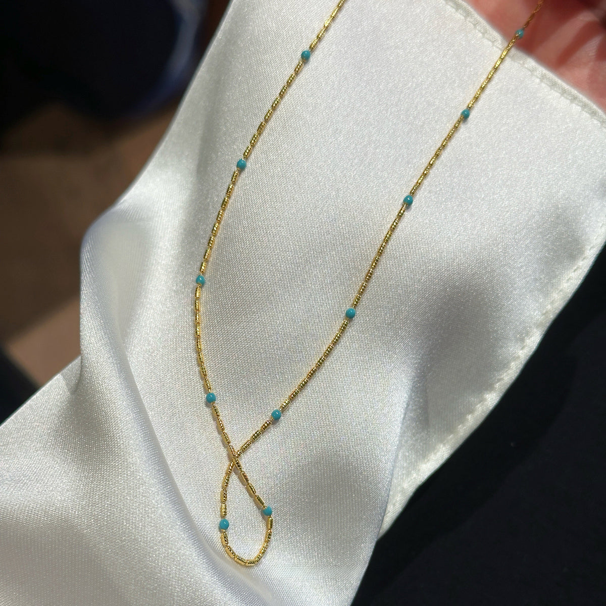 Turquoise & Pearl Layered Necklace Set – Non-Tarnish Gold Bead Chain with Oval Shell Turquoise Pendant Clavicle Choker for Women