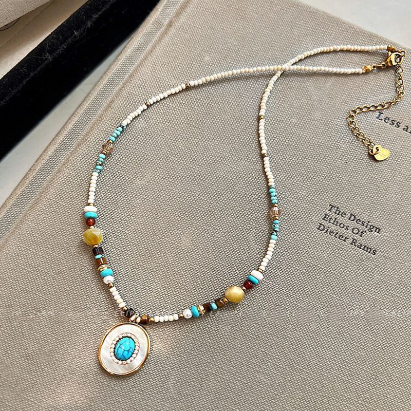 Boho Turquoise Flower Pendant Beaded Necklace – Dainty Natural Stone & Micro-Seed Bead Clavicle Choker for Women